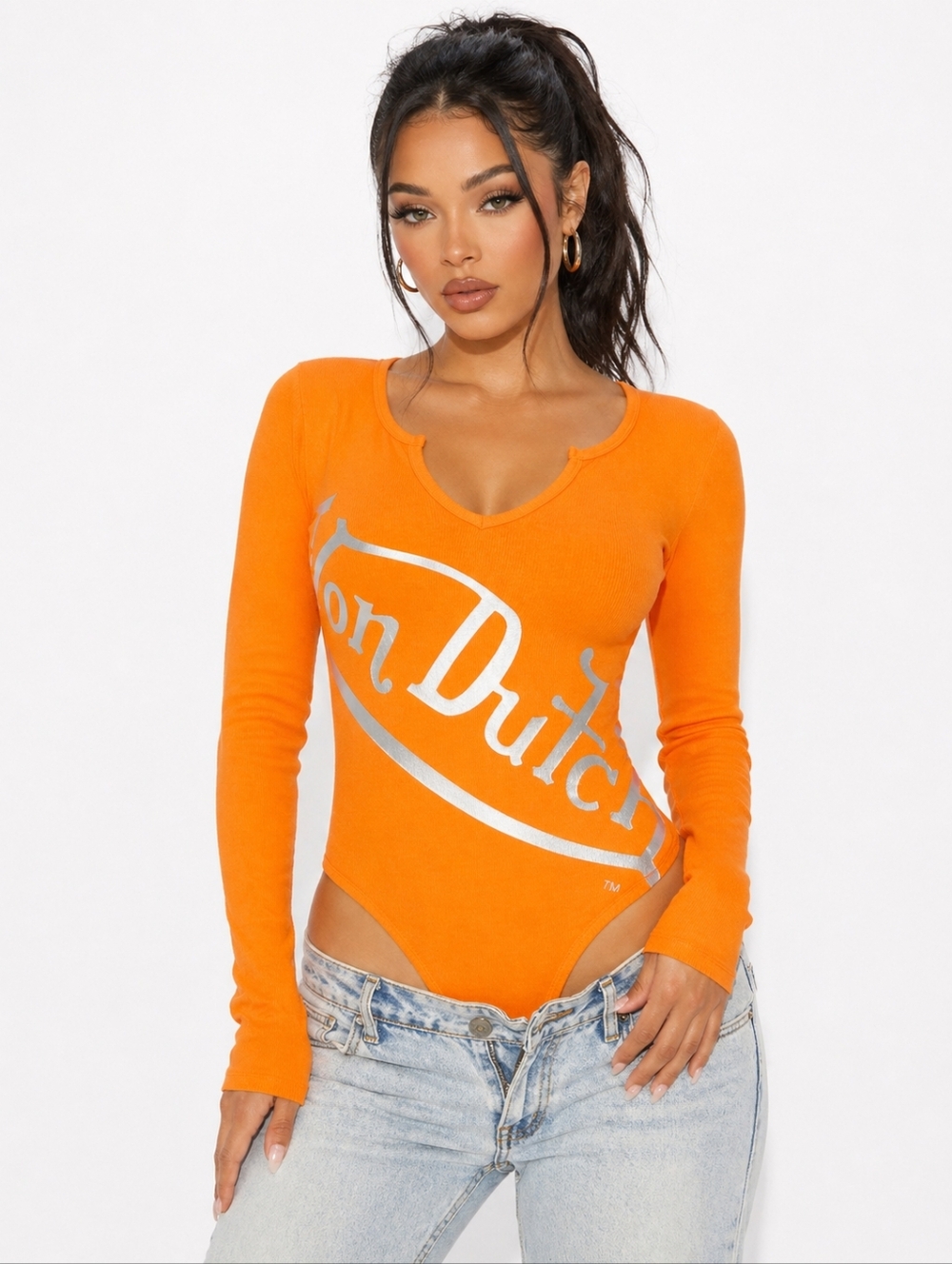 VON DUTCH Long Sleeve Bodysuit Orange Graphic Top NWT Long Sleeve Women's SMALL - Picture 2 of 6